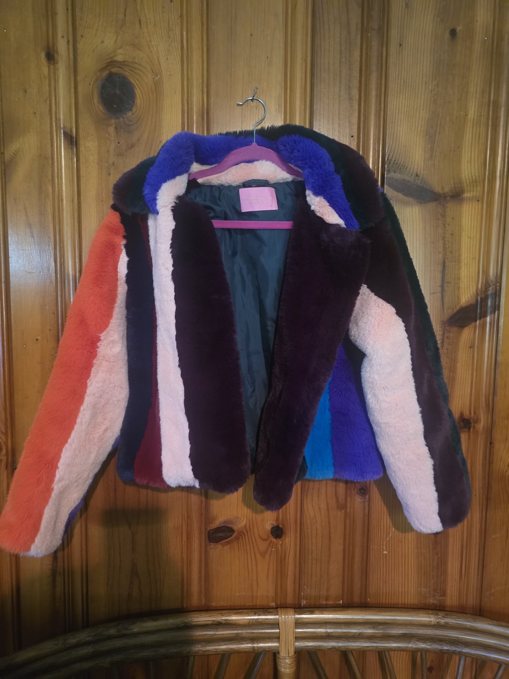 Multicolor Faux Fur Bomber Jacket - Women's Bold Stripe Coat - Picture 2 of 16